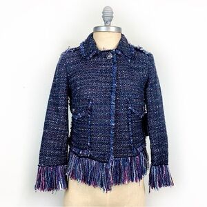 For The Republic Petite Blue Tweed Fringe 3/4 Sleeve Cropped Jacket